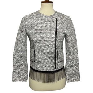 Maje Tweed Zipper Up Chain Fringed Hem Jacket